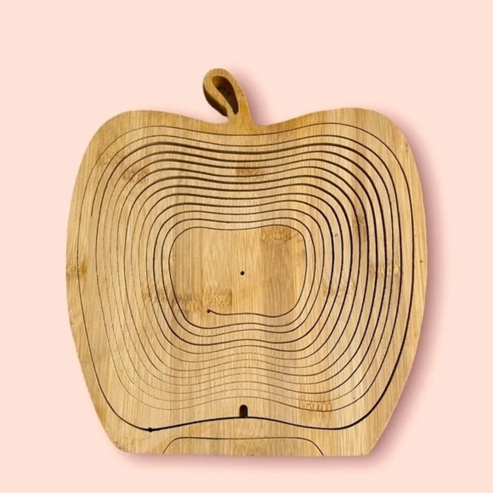 Oh Nuts Apple Bamboo shaped collapsible wooden fruit basket 12x10 new